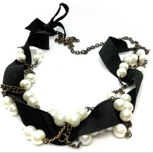 Pearl, Pewter, and Grosgrain Ribbon Necklace